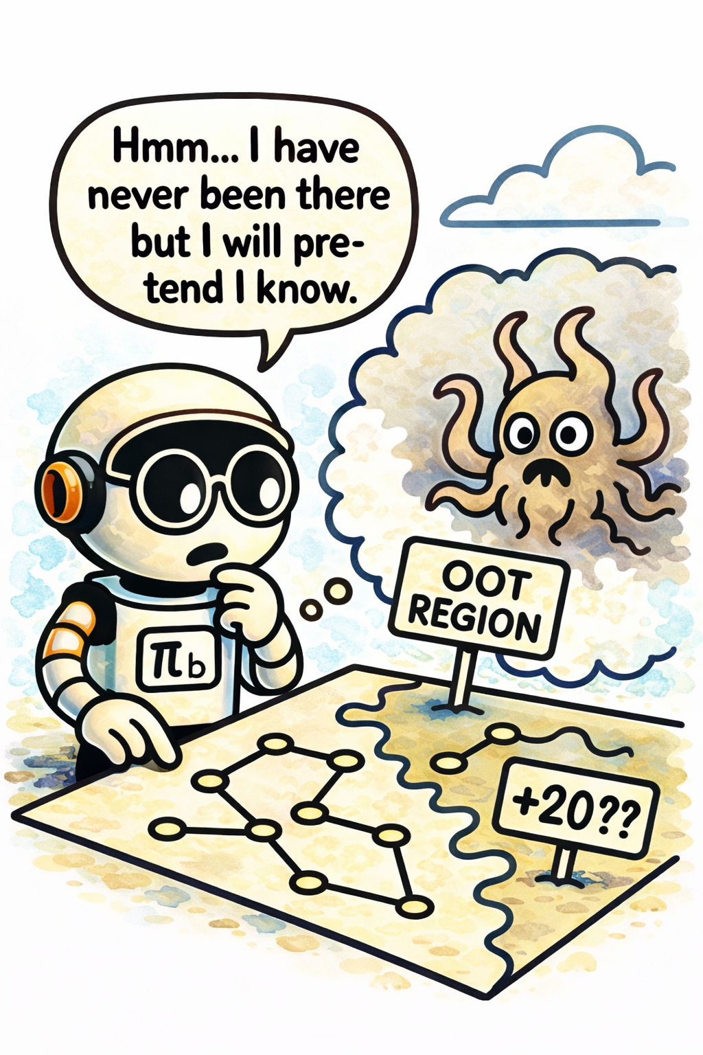 _The out-of-trajectory problem: local accuracy on the data support is not enough if the next policy jumps into poorly covered regions._